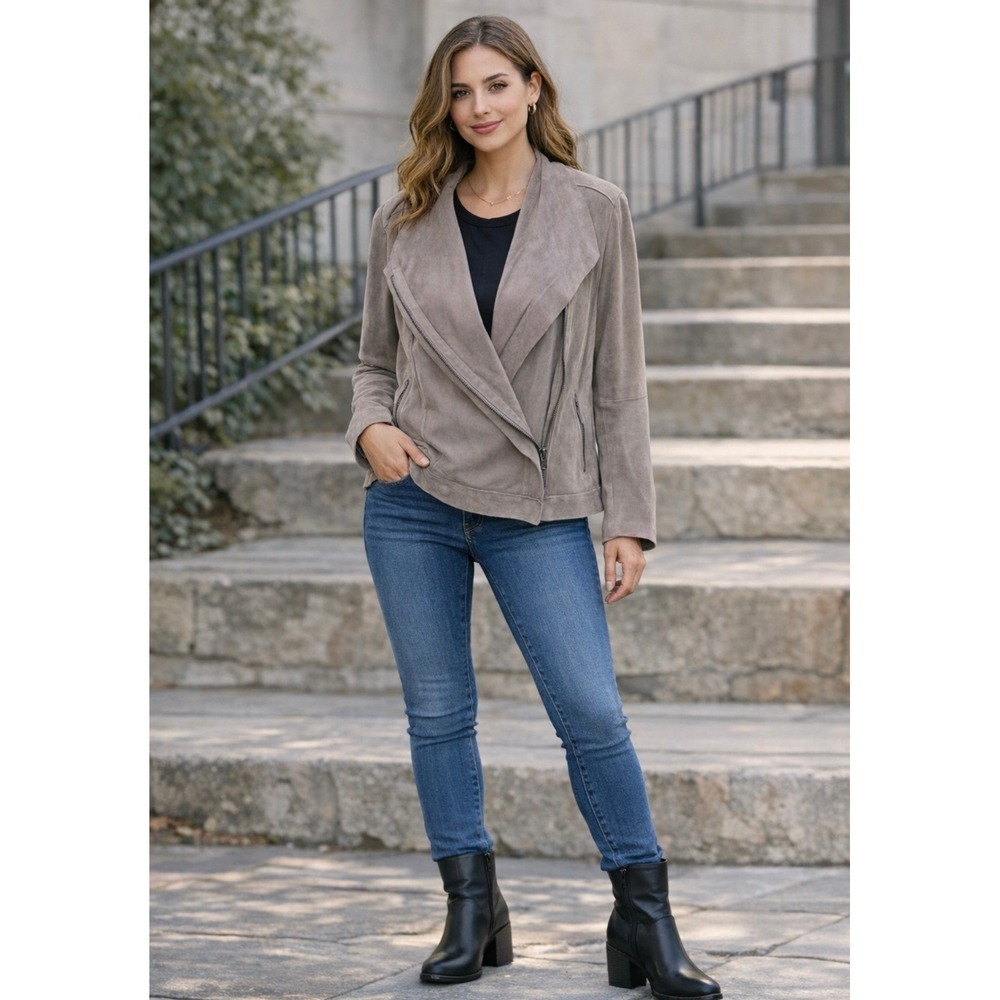 KUT from the Kloth Taupe Suede Moto Jacket Women XL Asymmetrical Zip Collar